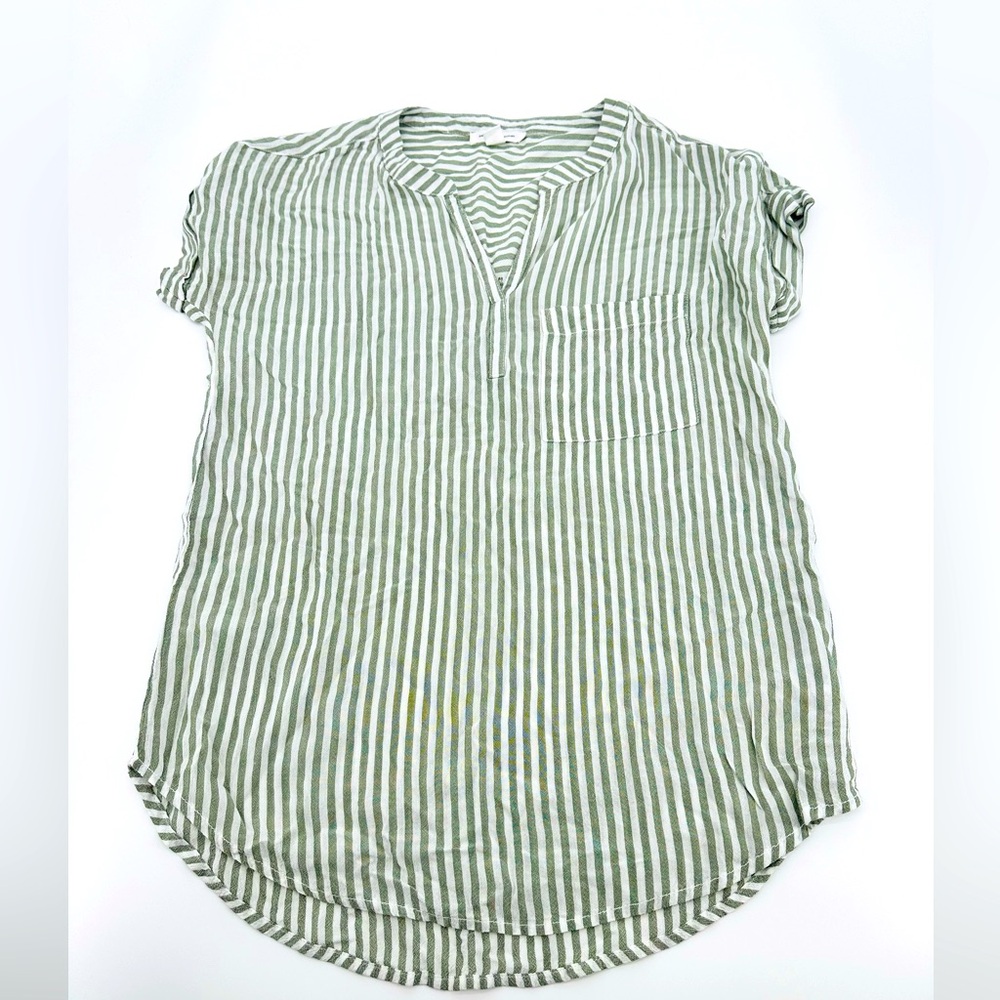 Beachlunchlounge xs Striped Short Sleeve White and Green Popover Top NWOT
